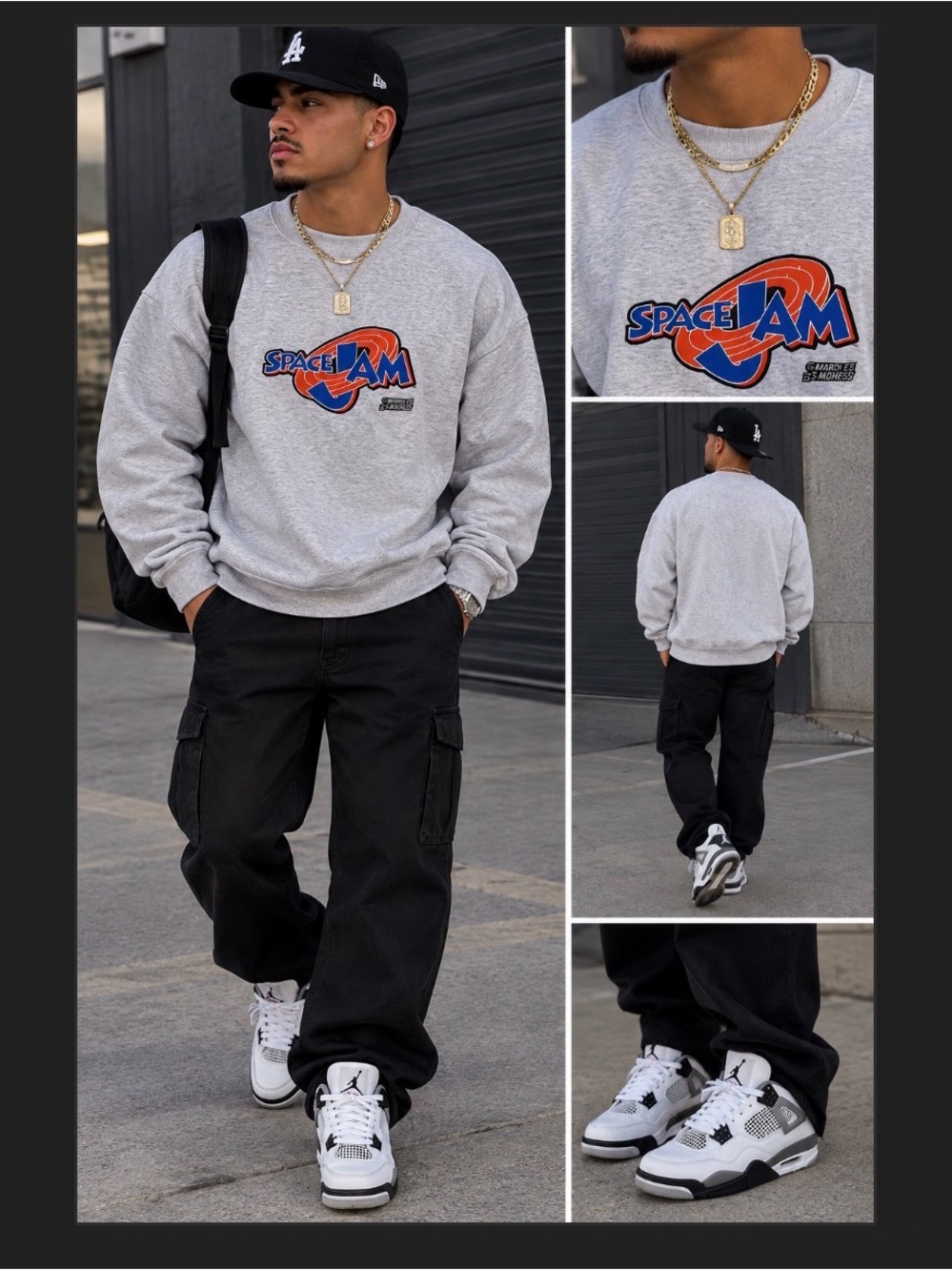 Champion Space Jam Logo Crewneck Sweatshirt - Gray with Orange/Blue Logo